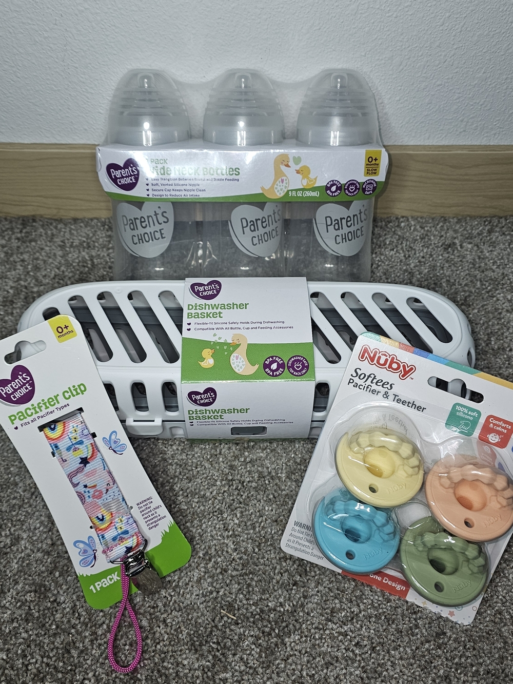 Parents Choice Baby Bottle Set + Accessories - Clear, White & Pastel